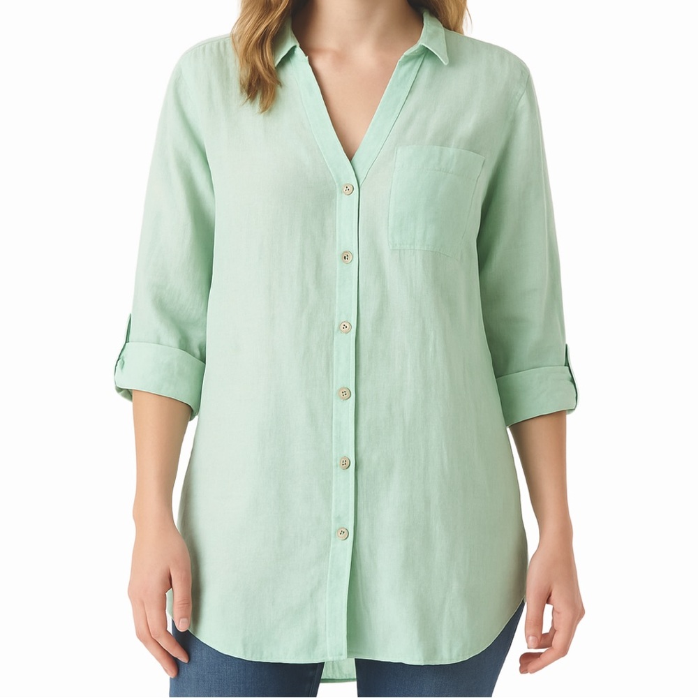 NWT Sigrid Olsen Mint Green Linen Button-Up Tunic, Size M